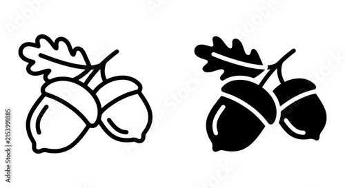 Oak Acorn Icons, Two Styles: Outline and Solid Fill, Autumn Nature Elements