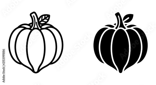 Pumpkin Icons Set, Outline and Silhouette Vector Graphics for Autumn and Halloween