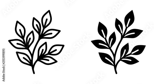 Minimalist Botanical Branch Vector Icons, Outline and Filled Leaf Sprigs, Organic Design Elements