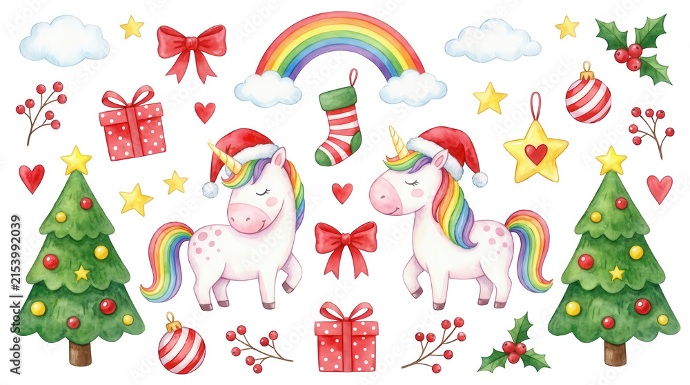 Fototapeta premium Watercolor Christmas illustration featuring cute unicorns wearing santa hats decorated holiday trees colorful rainbow wrapped presents festive stars bows stockings and winter elements