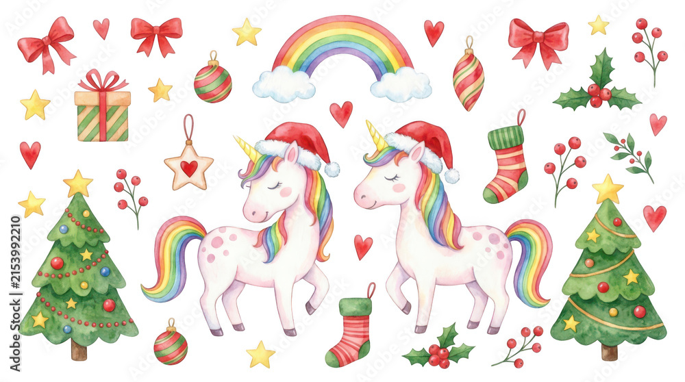 Fototapeta premium Watercolor set of cute christmas unicorns wearing santa hats surrounded by festive holiday elements like trees bows stars stockings ornaments mistletoe and a colorful rainbow arch