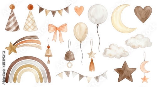 Watercolor illustration set featuring cute baby nursery elements including rainbow moon stars clouds balloons party hats and festive bunting banners in neutral earthy tones