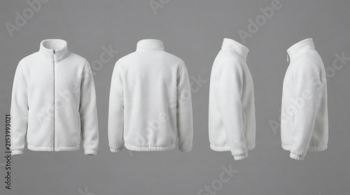 Men's White Fleece Jacket Four Views Front Back Right Side Left Side Fleece High Collar Zipper Gray

