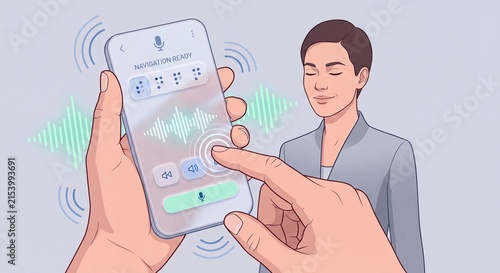 Navigation app with voice control and braille interface on modern smartphone held by hands with sound waves and blind woman in background
