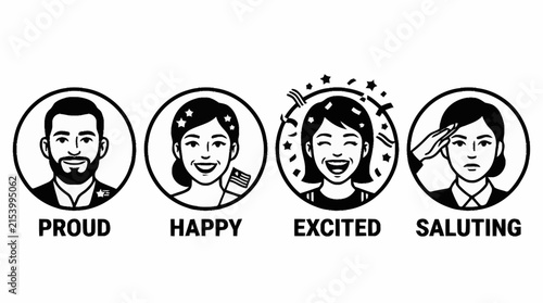Four circular portraits of people expressing different emotions: proud, happy, excited, and saluting.