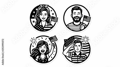 Four black and white illustrations of diverse people celebrating American patriotism with flags and fireworks, perfect for national holidays.