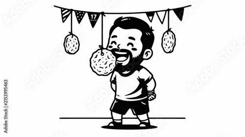 Happy bearded cartoon man biting a hanging fruit during a festive game with flags.