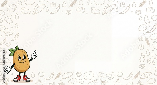 Cute potato mascot character pointing finger standing beside food ingredient doodle border frame on clean background with central copy space for text