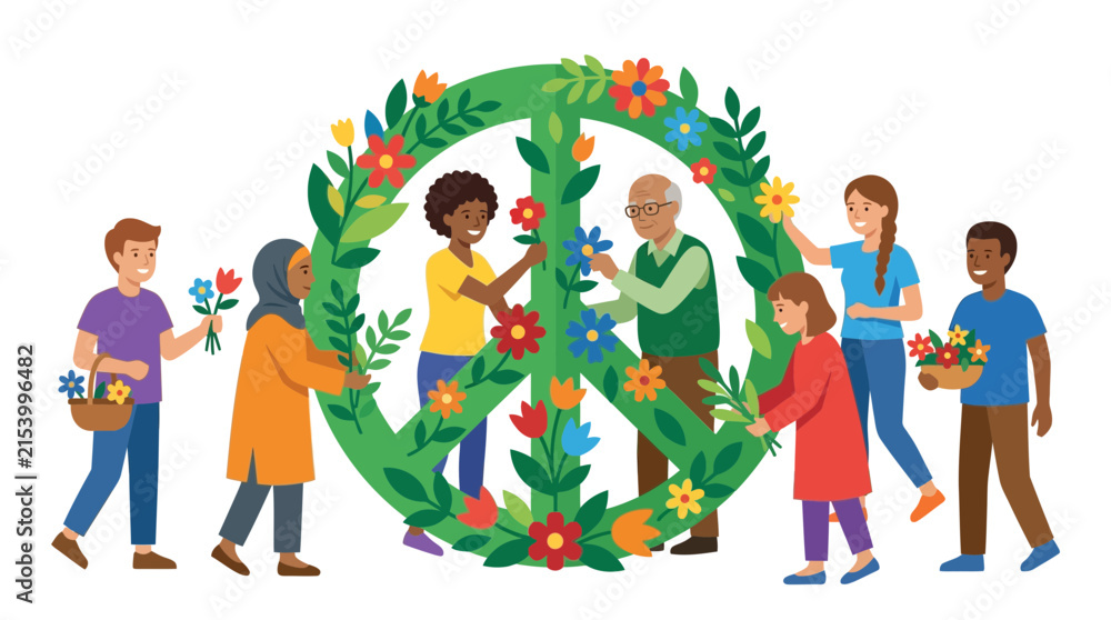 Fototapeta premium Diverse group of people creating a floral peace sign, unity and harmony concept