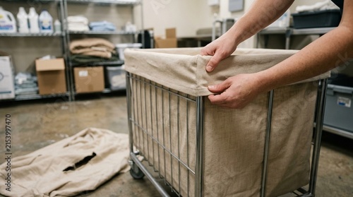 Linen cart's fabric cover replaced with a fresh one after a tear was discovered - Hospital Housekeeping Linen Cart Management Stock Photo
