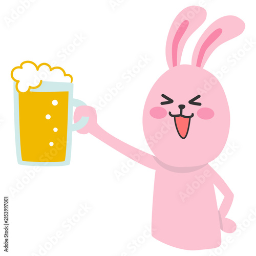 ビールで乾杯するウサギのシンプルでかわいいイラスト