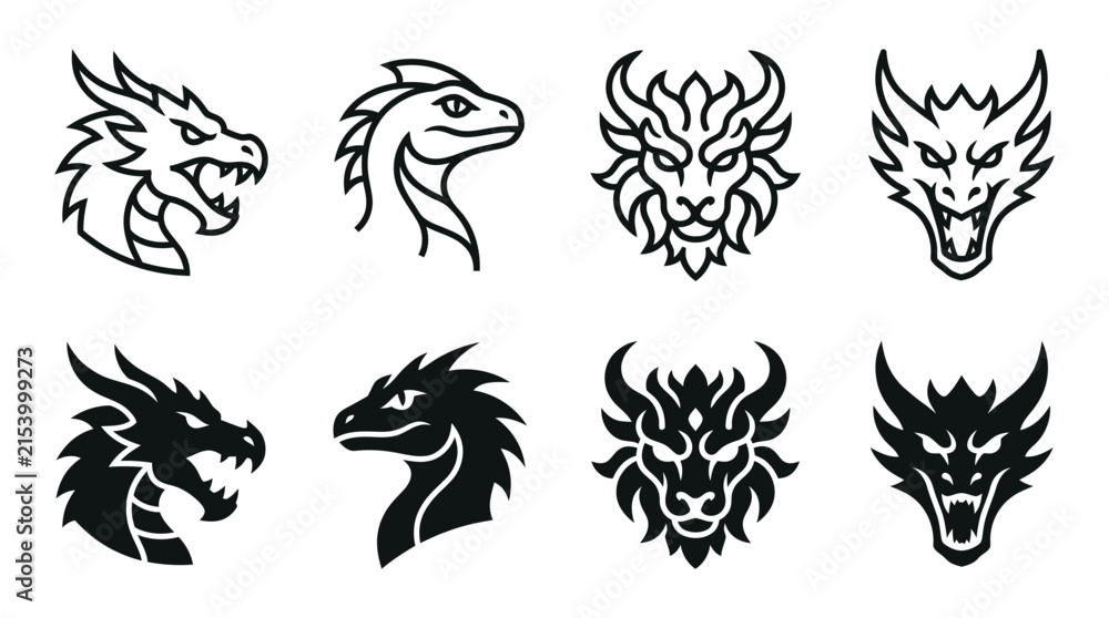 Fototapeta premium Set of fantasy dragon head icons featuring mythical beasts in linear and solid styles mythical creature silhouette
