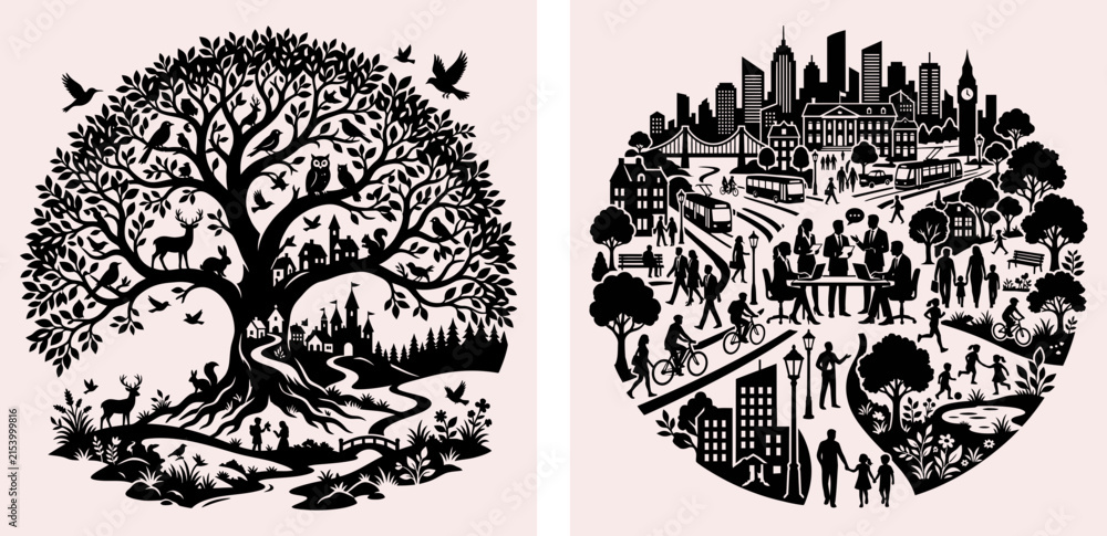 Obraz premium Circular vector silhouette illustrations of a nature tree of life with wildlife and a modern city with urban community and people