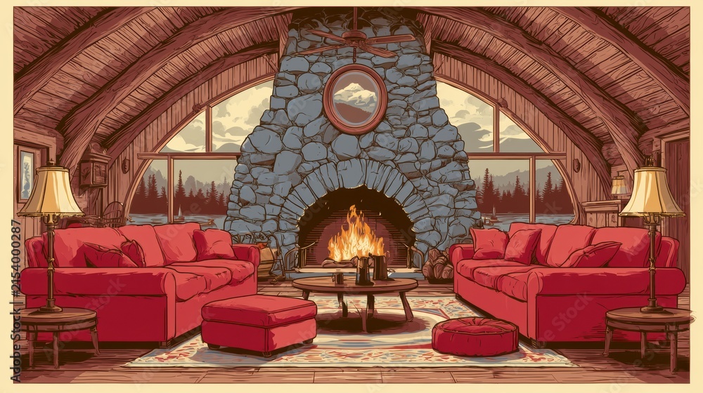 Fototapeta premium This lodge interior features two red sofas, a fireplace, and large windows showing trees outside. Warm tones create a welcoming atmosphere.