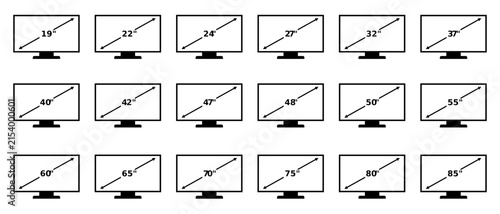 Smart TV screen size 19, 22, 24, 27, 32, 37, 40, 42, 47, 48, 50, 55, 60, 65, 70, 75, 80, 85 inches icon set, label, logo, badge, sign, symbol, banner, line, black, flat vector, isolated illustration.