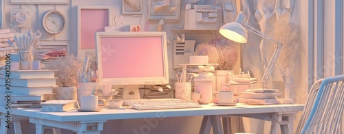 Pastel-toned workspace with computer and desk accessories