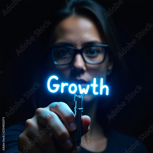 young woman in glasses holding glowing neon growth word in darkness