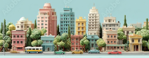 Colorful miniature city scene with pastel buildings, trees, and vehicles