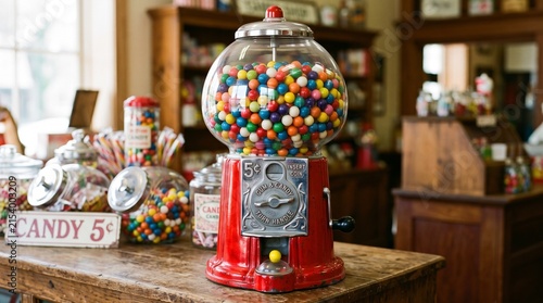 A vintage red gumball machine filled with colorful candies sits on a wooden counter in an old-fashioned candy store.