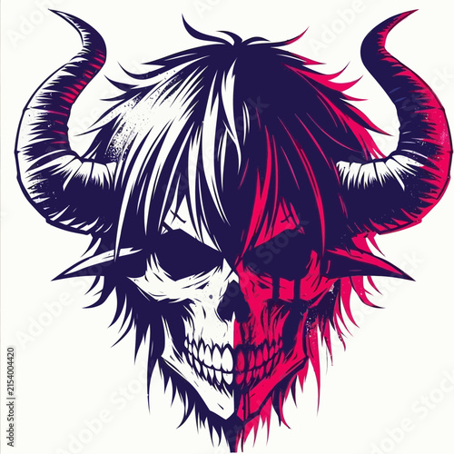 A striking illustration of a demonic skull with large, curved horns and a split-colored face, one side white and the other red, with spiky black hair.