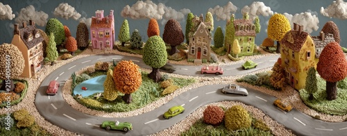 Miniature autumn town on a winding road