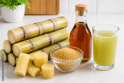 Sugarcane Processing into Cane Sugar, Sugarcane Syrup and Fresh Sugarcane Juice, Food Production Concept