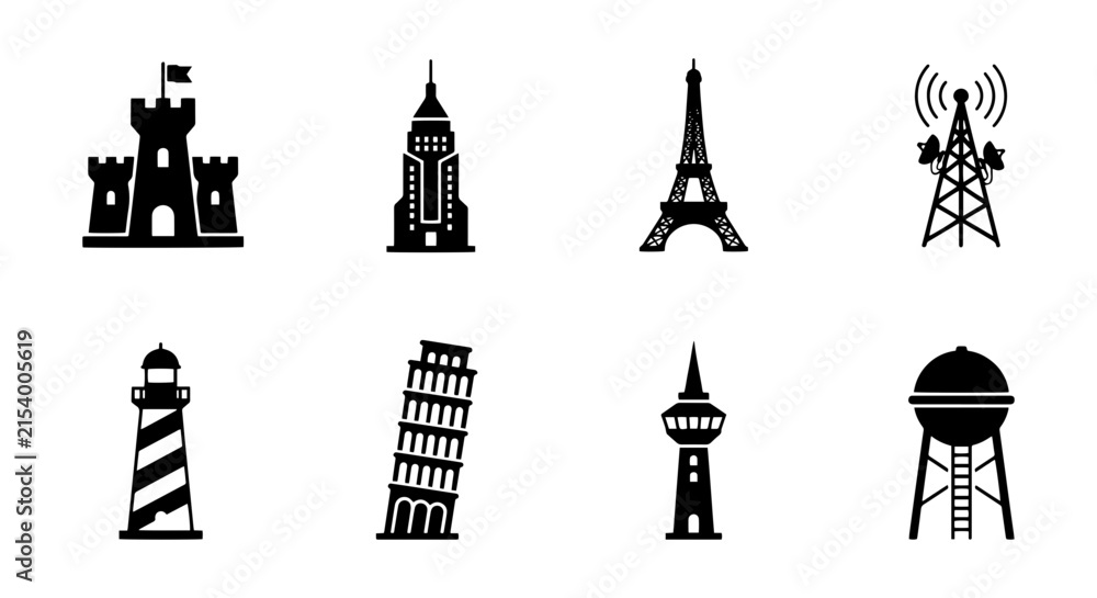 Naklejka premium Iconic Landmark Silhouettes: Castle, Skyscraper, Eiffel Tower, Communication Tower, Lighthouse, Leaning Tower, Observation Tower, Water Tower