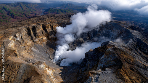 Powerful active volcano crater featuring steaming vents, dramatically emitting smoke and gas. rugged mountain landscape reveals raw geothermal activity, breathtaking natural wonder