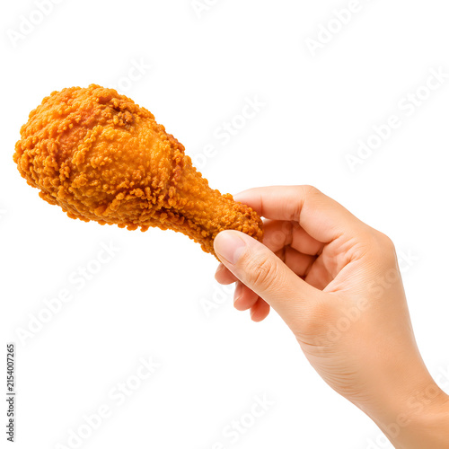 Hand holding crispy fried chicken drumstick isolated on transparent background.