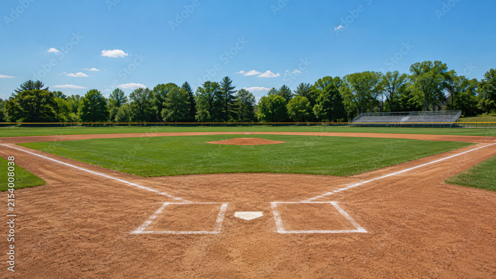 Fototapeta premium A clean, empty baseball field with green grass, a clear blue sky, and trees lining the outfield.