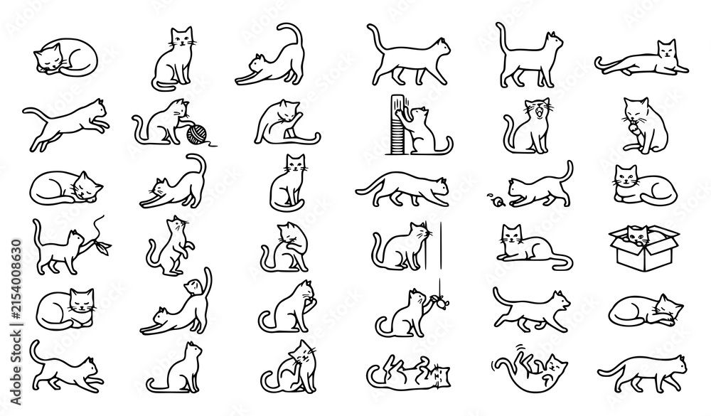 Obraz premium Black and white domestic cat outline icon set featuring cats in various poses, movements, activities and playful positions