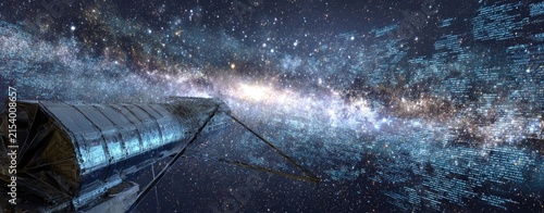 Space telescope amidst a vast, starry galaxy