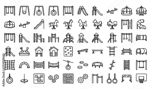 Large playground equipment outline icon set featuring swings, slides, climbing frames, seesaws, ladders, benches and recreational structures