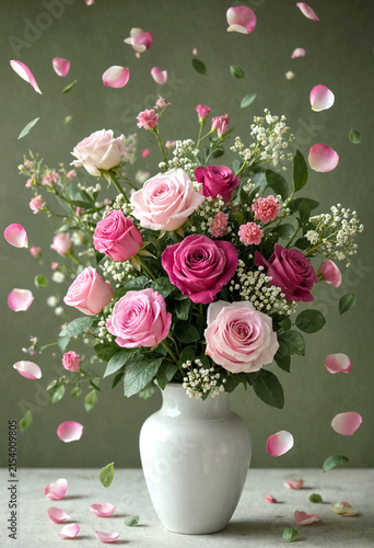 Beautiful bouquet of pink roses and baby breath flowers in a white vase with floating petals