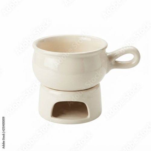 Ceramic fondue pot on white background