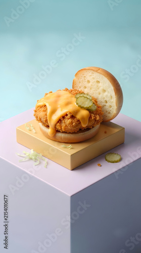 Creative stylist chicken burger food photography concept with vibrant colors and modern composition