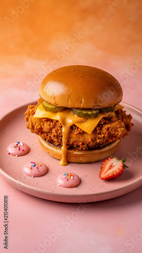 Creative stylist chicken burger food photography concept with vibrant colors and modern composition