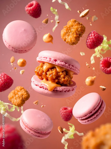 Creative stylist chicken burger food photography concept with vibrant colors and modern composition