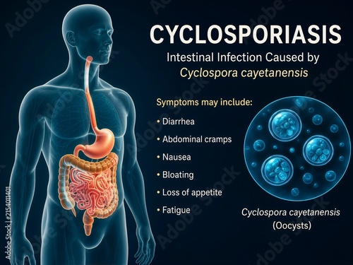 Medical infographic explaining cyclosporiasis intestinal infection and symptoms. Diagram showing human digestive system anatomy and microscopic Cyclospora cayetanensis oocysts