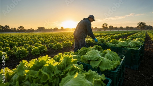 Farm worker harvesting fresh lettuce in an agricultural field at sunrise. Manual labor picking leafy greens into crates. Commercial farming and food supply chain concept