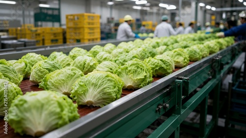 Fresh lettuce moving on a conveyor belt in a food processing facility. Agricultural workers inspecting leafy greens in a commercial packing plant