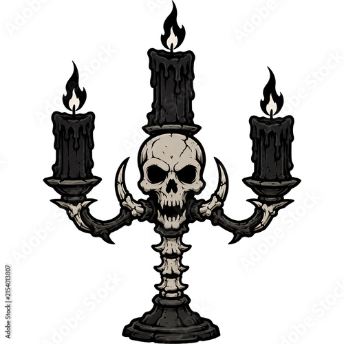 Gothic Skull Candelabra with Melting Black Candles and Bone Base Illustration