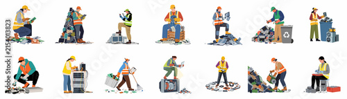 Flat vector illustrations of industrial waste management workers sorting, recycling, and managing various types of garbage, scrap, and electronic waste on white background.