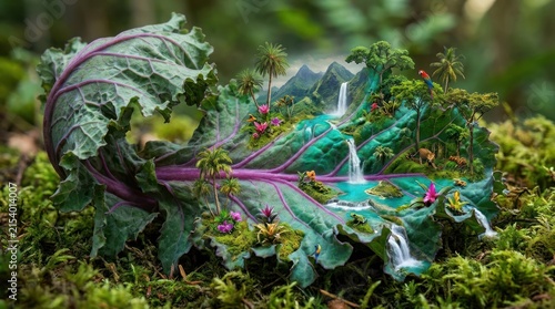 kale leaf transforming conceptually into vibrant tropical jungle landscape scene