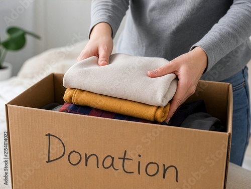 Woman putting folded clothes into a cardboard donation box, concept of charity, clothing donation, giving to those in need and community volunteering