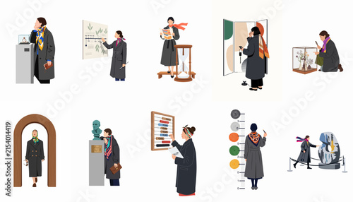 Set of flat illustrations featuring people visiting an art museum, gallery, or exhibition, exploring various sculptures, installations, and displays in winter attire.