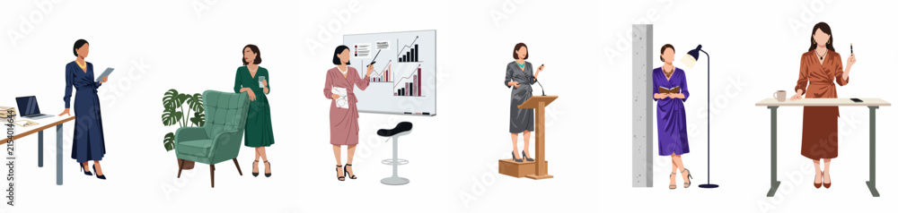 Fototapeta premium Collection of professional business women in various office settings, featuring presentations, public speaking, and desk work scenes isolated on a white background.