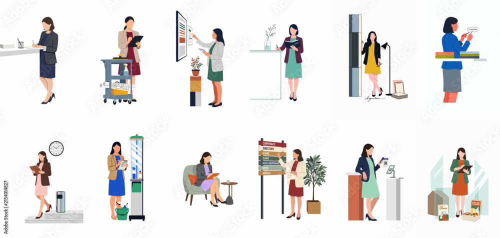 Fototapeta premium Set of diverse female professional characters in flat illustration style engaged in various office and workplace activities on a white background.
