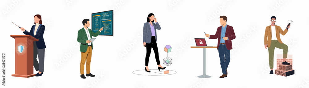 Obraz premium Set of Professional Business People Illustrations in Various Work Scenarios Including Speaking, Presenting, and Using Technology