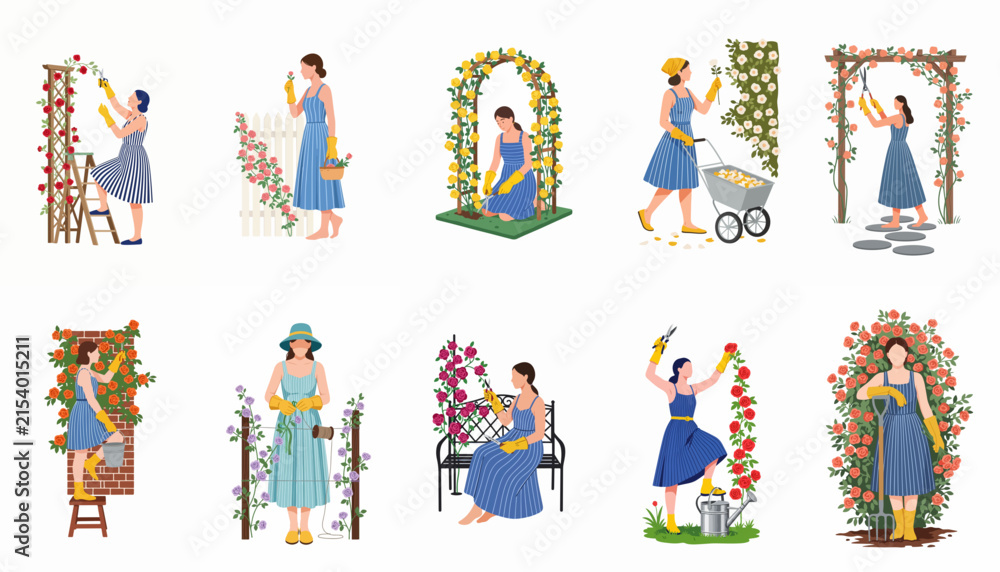 Fototapeta premium Set of flat illustrations of women gardeners in blue dresses performing various yard work tasks like pruning, watering, and planting flowers.